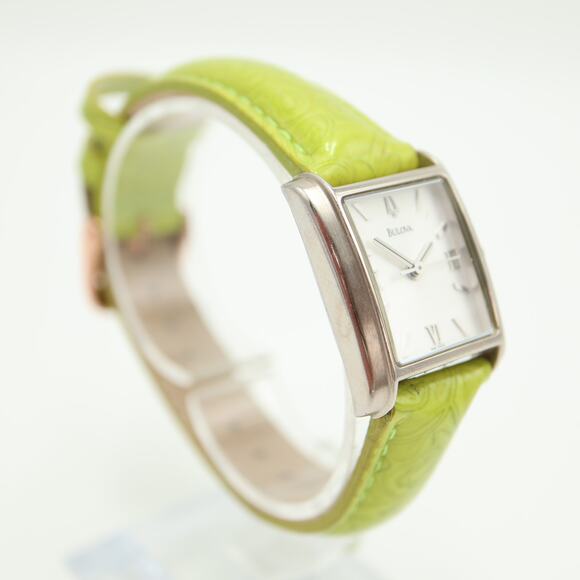 Bulova Silver Tone Womens 23mm Tank Watch Yellow Green Leather w New Battery - Picture 8 of 16